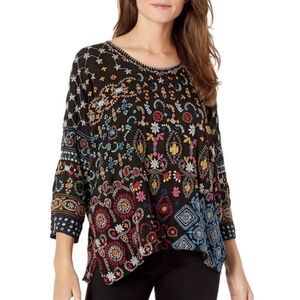 Johnny Was Zora Boho Geo Floral Embroidered 3/4 Sleeves Boxy Top Blouse XS